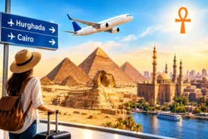 Vuelo doméstico Hurghada–El Cairo – avión de EgyptAir o Air Cairo en el aeropuerto de Hurghada